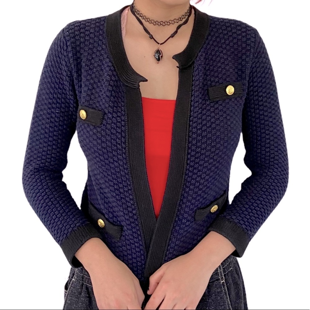 Dex Knit Tweed Cardigan Sweater Preppy Schoolgirl Academia Twee XS Gold Buttons